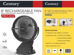 8" CENTURY CLIPABLE RECHARGEABLE FAN FRCT-20-E
