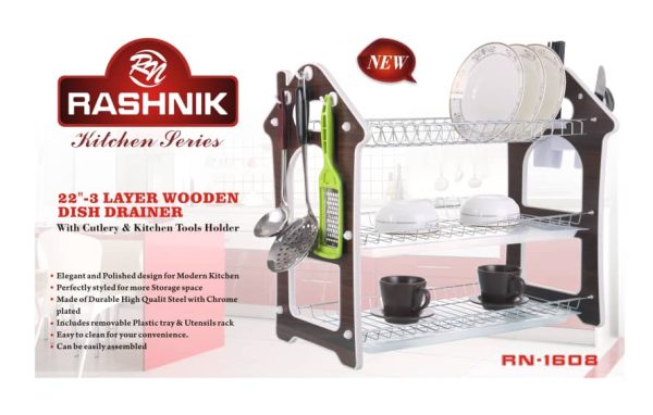 RASHNIK 22 INCHES 3LAYER WOODEN DISH DRAINER RN-1608